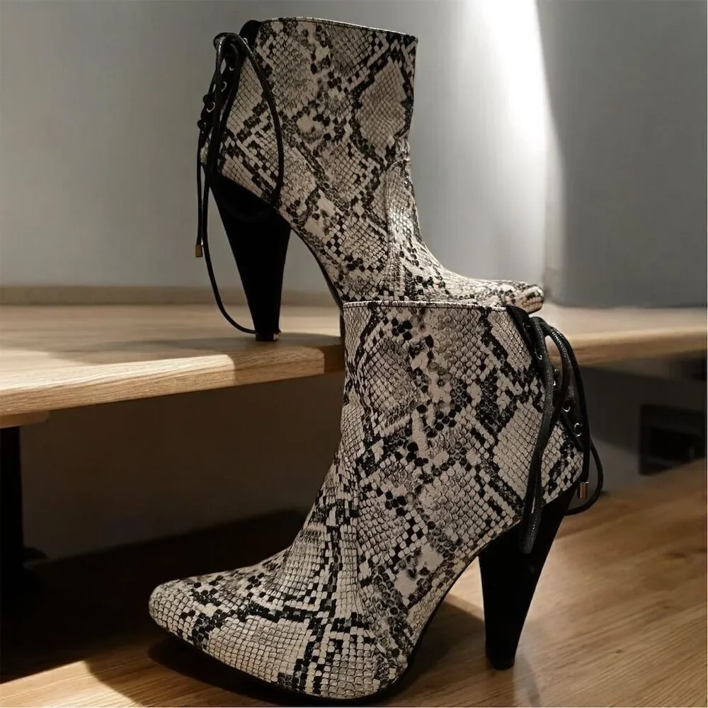 ShoeDazzle Women's Black White Gemini Snake Print Cone Heel Lace Back Booties